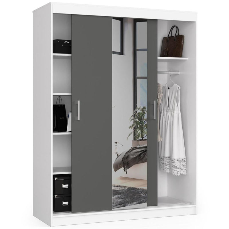 Ruhás szekrény görgős ajtókkal és tükörrel 150 x 60 x 200 cm antracit fehér