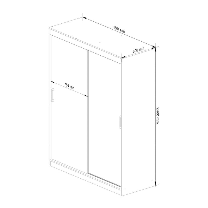 Ruhás szekrény görgős ajtókkal és tükörrel 150 x 60 x 200 cm fehér sonoma