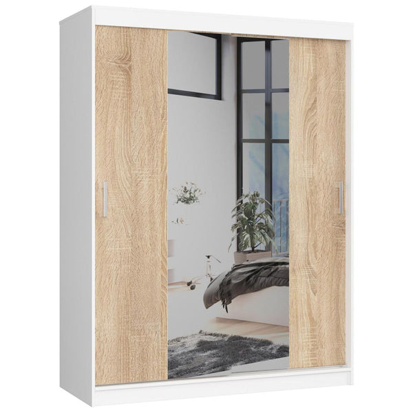 Ruhás szekrény görgős ajtókkal és tükörrel 150 x 60 x 200 cm sonoma fehér