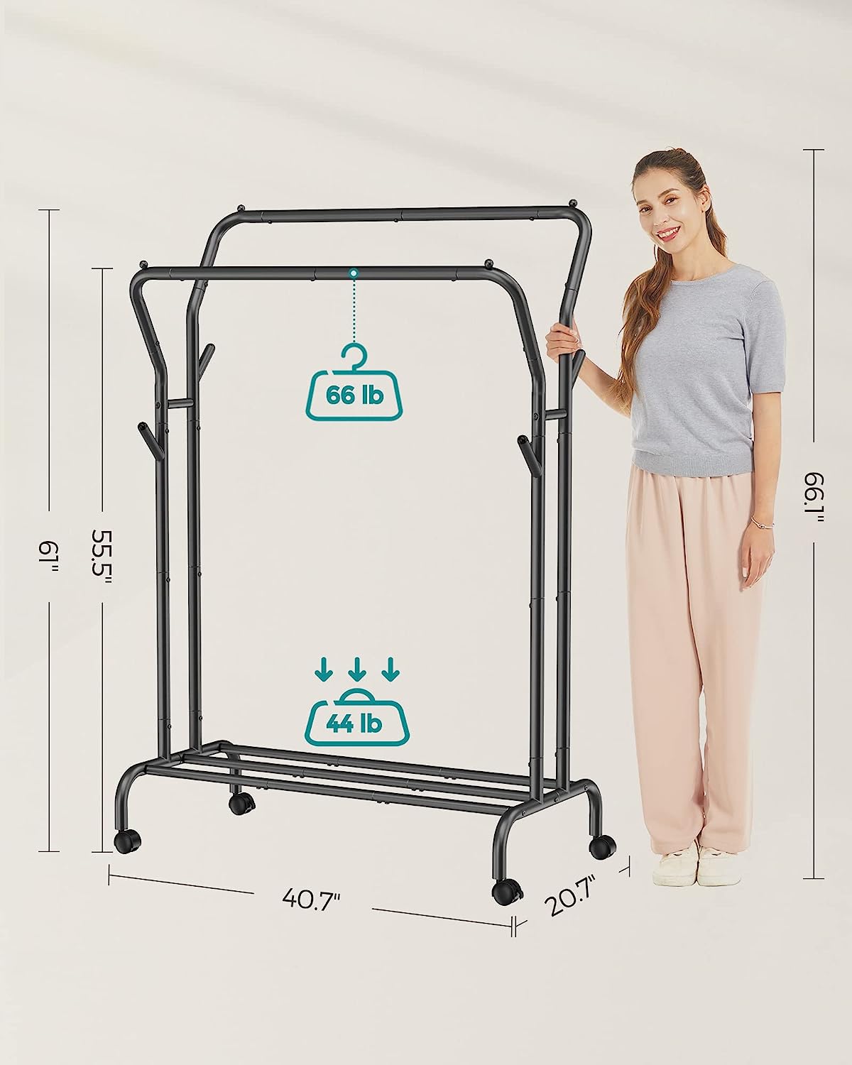 SONGMICS Ruhaszárító, Ruhaszárító, Dupla Ruhasín, Nehéz Teherbírású Fém Vázzal, Kerekekkel és Polccal, Összesen 100 kg Terhelhetőség, 103,5 cm Széles, Ruhatárolás, Fekete