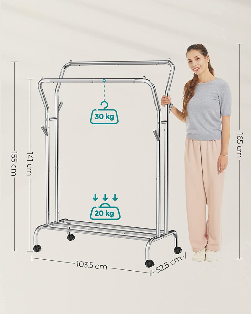 SONGMICS Ruhaszárító, Ruhaszárító, Dupla Ruhasín, Nehéz Teherbírású Fém Vázzal, Kerekekkel és Polccal, Összesen 100 kg Terhelhetőség, 103,5 cm Széles, Ruhatárolás, Ezüst