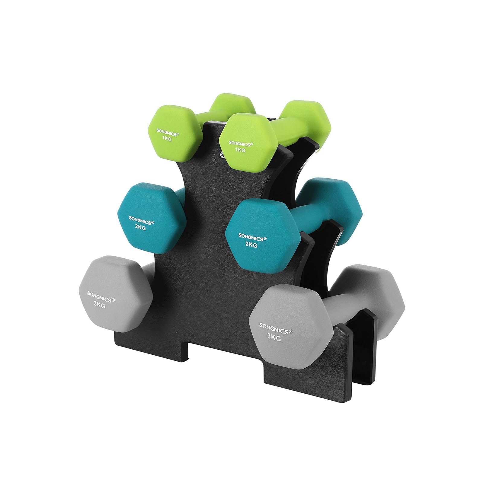 SONGMICS Hexa Súlyzók Készlet Állvánnyal - 2 x 1 kg, 2 x 2 kg, 2 x 3 kg, Neoprene Matt Kivitel, Kézi Súlyok Otthoni Edzéshez, Lime, Tengerzöld és Világosszürke