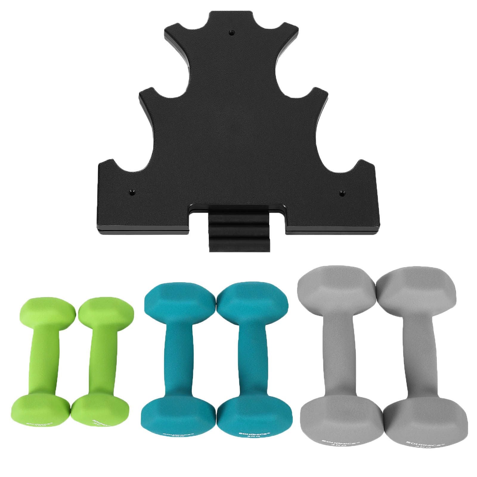 SONGMICS Hexa Súlyzók Készlet Állvánnyal - 2 x 1 kg, 2 x 2 kg, 2 x 3 kg, Neoprene Matt Kivitel, Kézi Súlyok Otthoni Edzéshez, Lime, Tengerzöld és Világosszürke