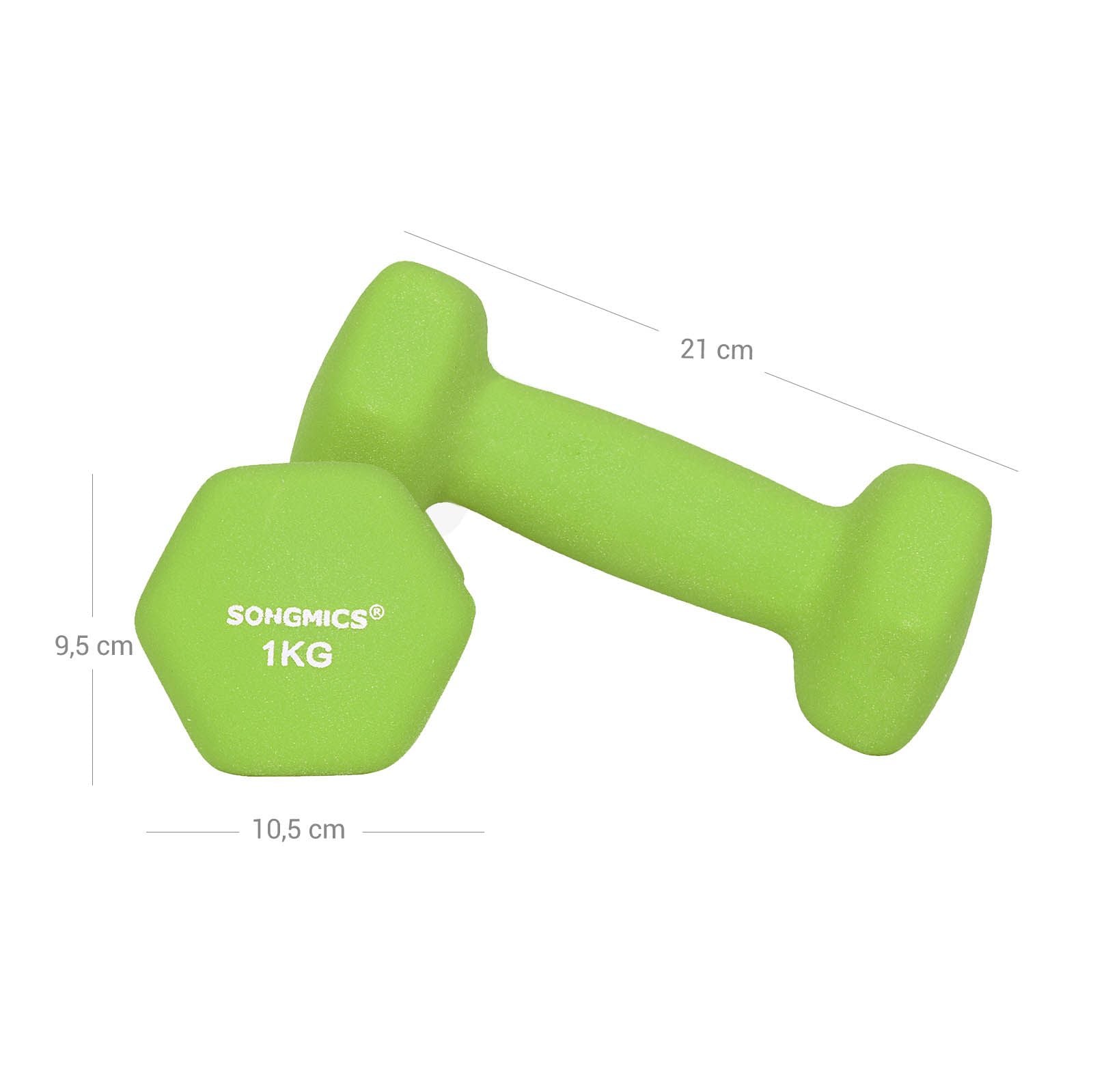 SONGMICS Hexa Súlyzók Készlet Állvánnyal - 2 x 1 kg, 2 x 2 kg, 2 x 3 kg, Neoprene Matt Kivitel, Kézi Súlyok Otthoni Edzéshez, Lime, Tengerzöld és Világosszürke