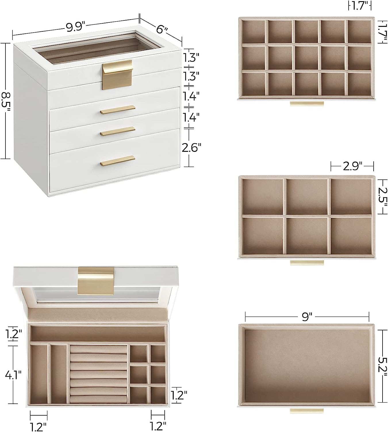 SONGMICS Ékszerdoboz Üveg Tetejű, 4 Rétegű Ékszer Tároló, 3 Fiókkal, Napszemüvegekhez, Nagy Ékszerekhez, Ékszer Tárolás, Modern Stílus, Felhős Fehér és Arany Szín