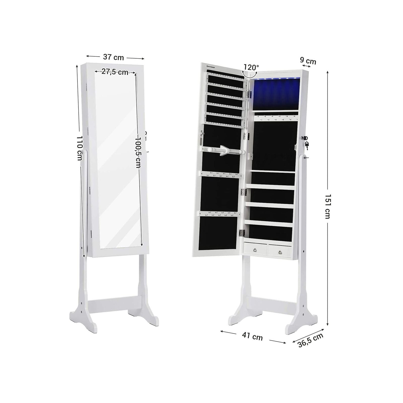 SONGMICS LED ékszerszekrény, teljes hosszúságú tükrös ékszerszekrény, zárható ékszertartó 2 fiókkal, erős és stílusos, fehér