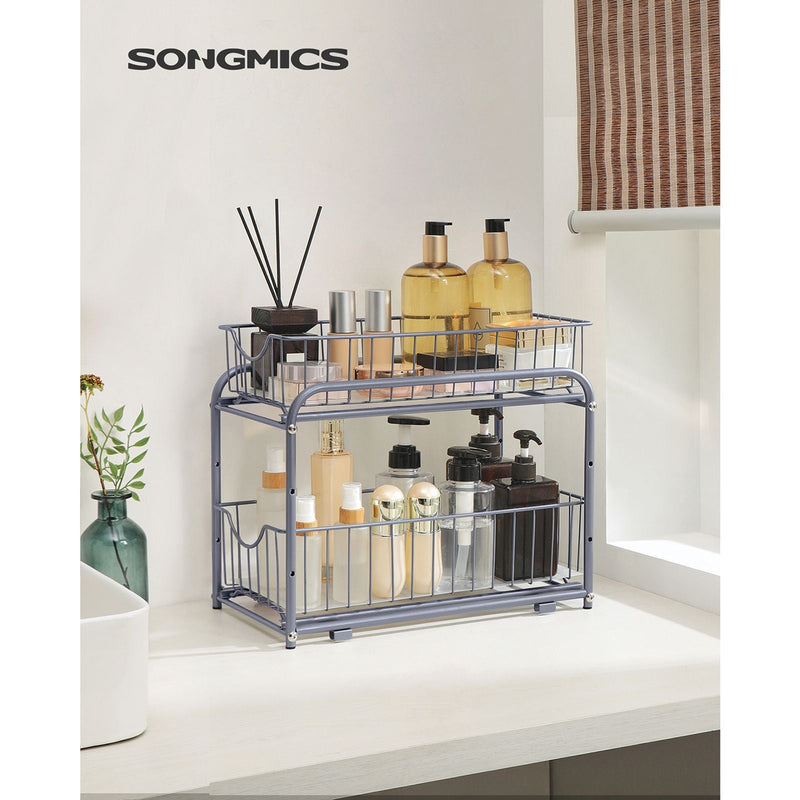 SONGMICS konyhai rendszerező, 2 kihúzható fiók szekrényekhez, egymásra rakható fiókrendszer, konyhába, fürdőszobába, ezüst