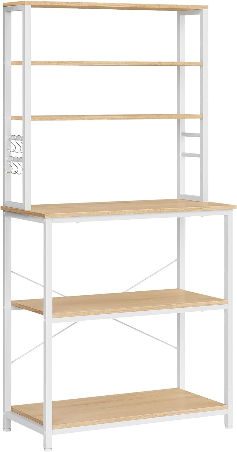 VASAGLE Konyhai Polc Állvány Mikrohullámú Polc Állvány 6 Szintes 6 Polccal és 6 Akasztóval, Mikrohullámú Acél Szerkezet Ipari Design 40 x 80 x 167 cm Tölgyfa-Fehér