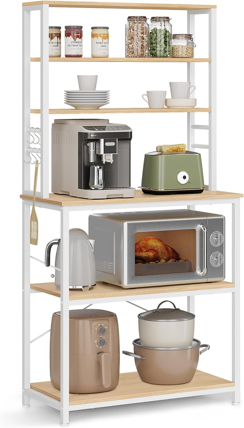 VASAGLE Konyhai Polc Állvány Mikrohullámú Polc Állvány 6 Szintes 6 Polccal és 6 Akasztóval, Mikrohullámú Acél Szerkezet Ipari Design 40 x 80 x 167 cm Tölgyfa-Fehér