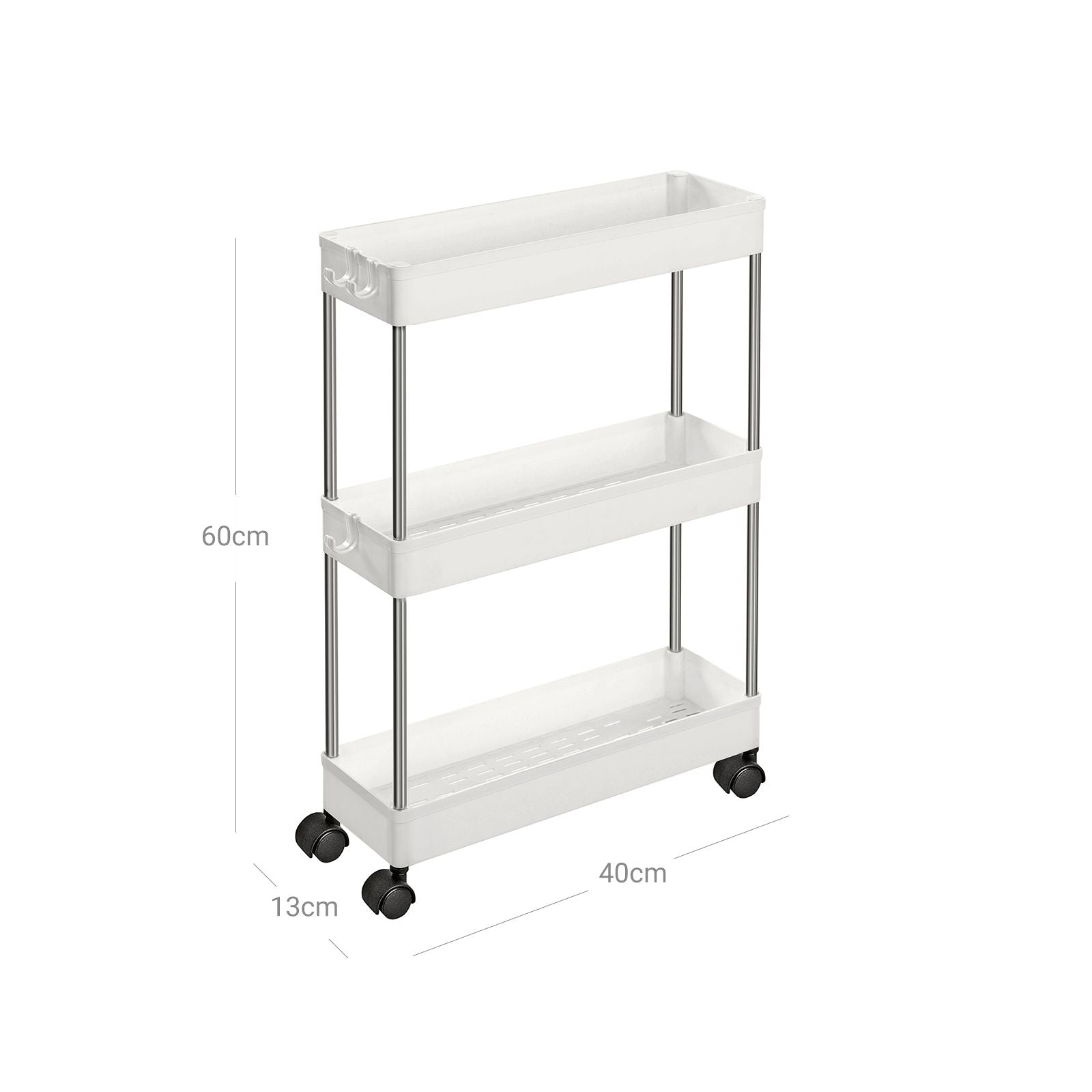 SONGMICS 3-Szintes Tároló Kocsi, Konyhai Kocsi Kerekekkel, Szűk Kocsi Konyhába, Fürdőszobába, Irodába vagy Kis Helyiségekbe, 42 x 13.5 x 61 cm, Fehér