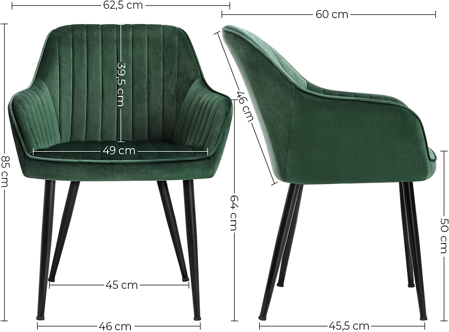 Étkezőszék, karosszék, kárpitozott szék, fém lábak, bársony huzat, ülőfelület szélessége: 49 cm, max. 110 kg terhelhetőség - tanulószobához, nappalihoz, hálószobához, 62,5x60x85 cm, SONGMICS