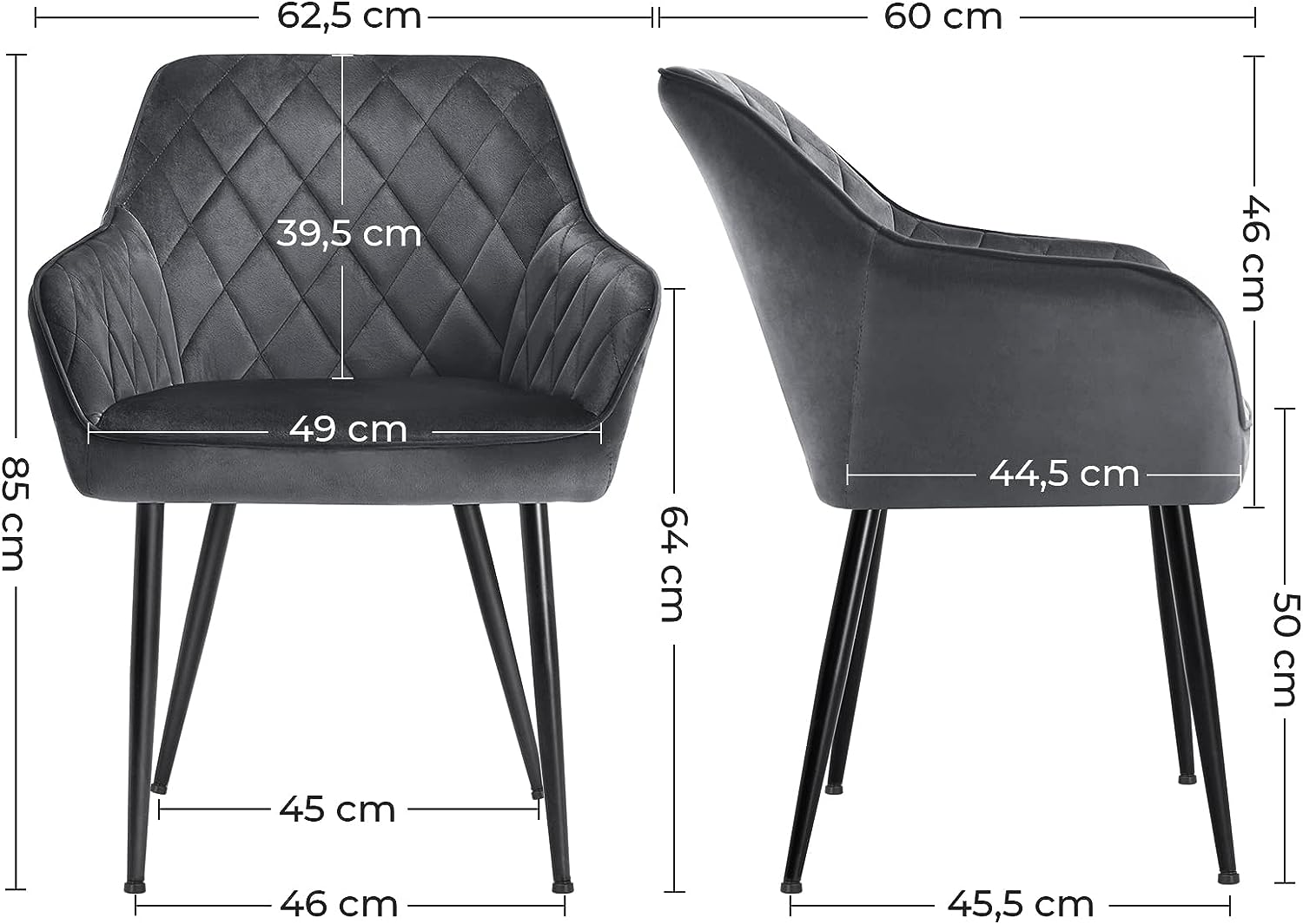 SONGMICS Ebédlőszék, Kárpitozott Szék Kartámasszal, Ülésszélesség 49 cm, Fém Lábakkal, Bársony Borítás, Akár 110 kg Teherbírás, Tanulmányi, Nappali, Hálószoba, Szürke