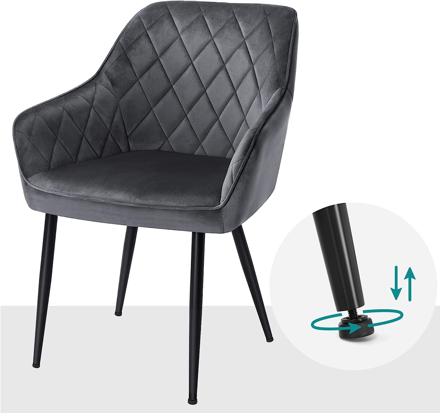 SONGMICS Ebédlőszék, Kárpitozott Szék Kartámasszal, Ülésszélesség 49 cm, Fém Lábakkal, Bársony Borítás, Akár 110 kg Teherbírás, Tanulmányi, Nappali, Hálószoba, Szürke