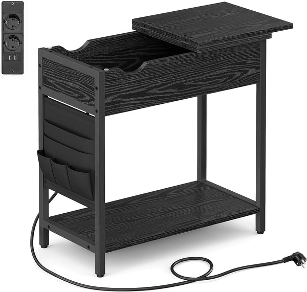 VASAGLE Asztal, Hálószobai Asztal Konnektorral, USB-portokkal, Zsebekkel, Éjjeli szekrény, Nappalihoz, Hálószobához, Fekete fa hatás