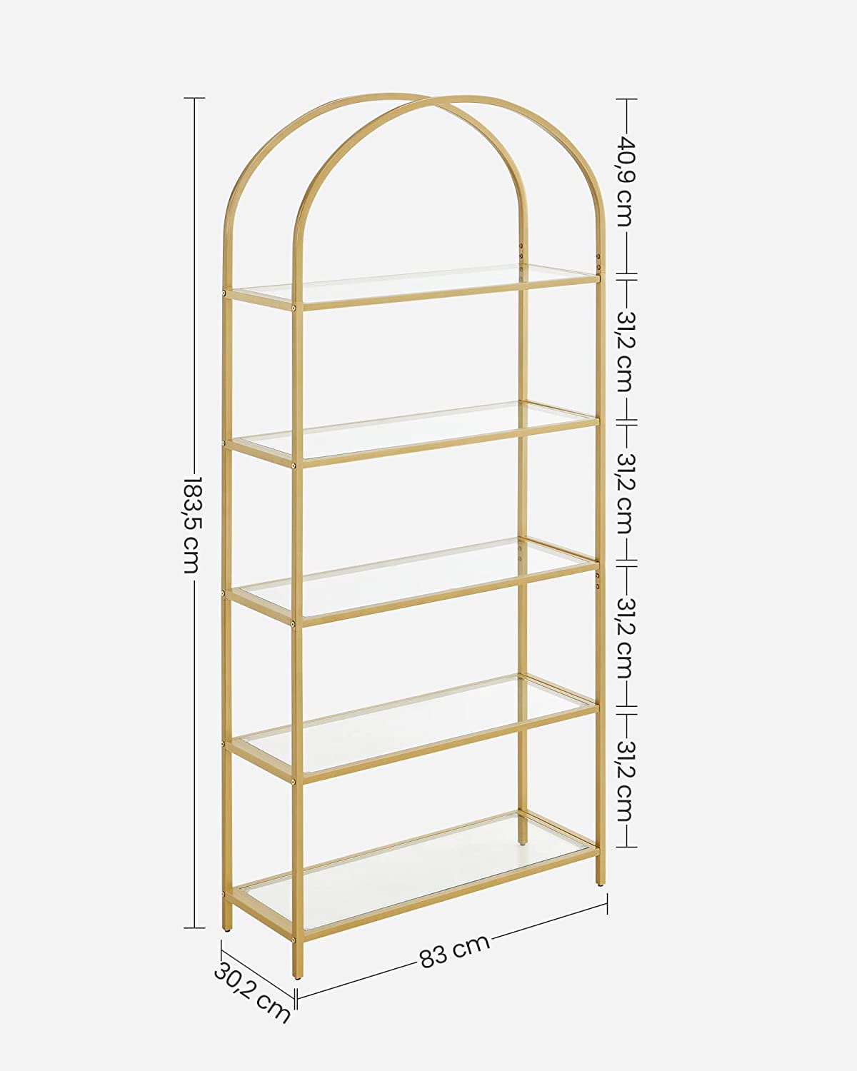 Polcrendzser 5 szintes, gold arany fém kerettel, íves kivitelben, biztonsági üveggel, 83 x 30,2 x 183,5 cm, VASAGLE