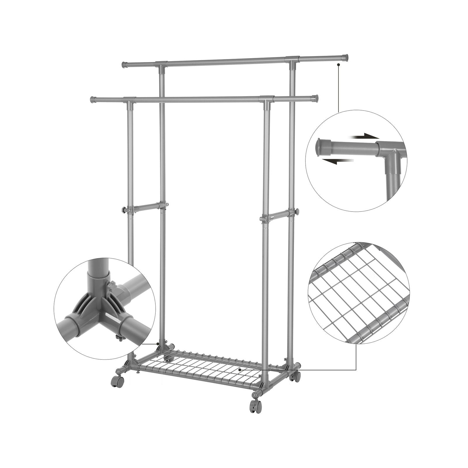 SONGMICS Dupla Ruhásszárító, Kinyitható Ruhaszárító, 87-150 cm-ig, Golyós Ruhaszárító polc, Robusztus Szerkezet, Max. Statikus Terhelés 70 kg, Ruhákhoz, Sálakhoz, Szürke