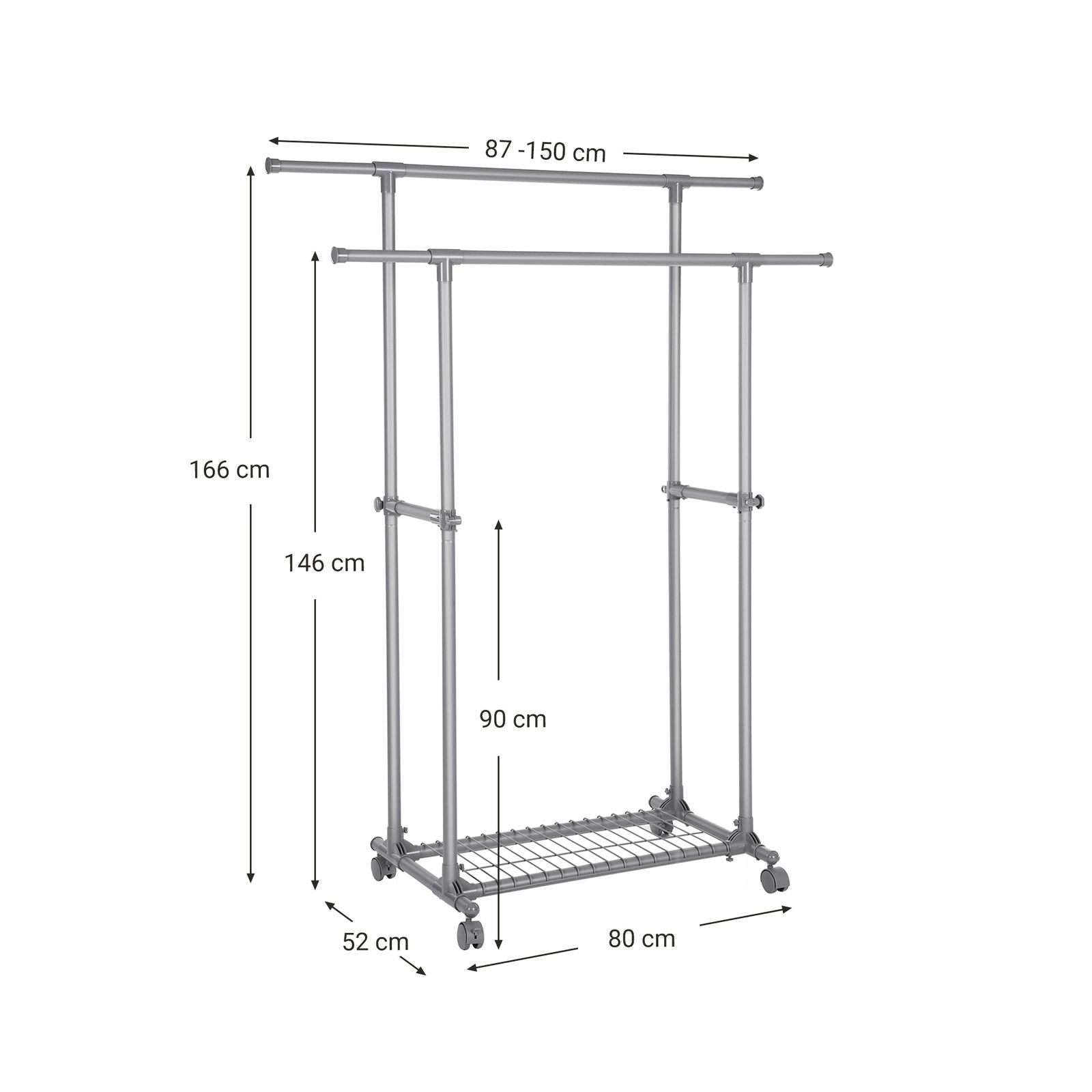 SONGMICS Dupla Ruhásszárító, Kinyitható Ruhaszárító, 87-150 cm-ig, Golyós Ruhaszárító polc, Robusztus Szerkezet, Max. Statikus Terhelés 70 kg, Ruhákhoz, Sálakhoz, Szürke