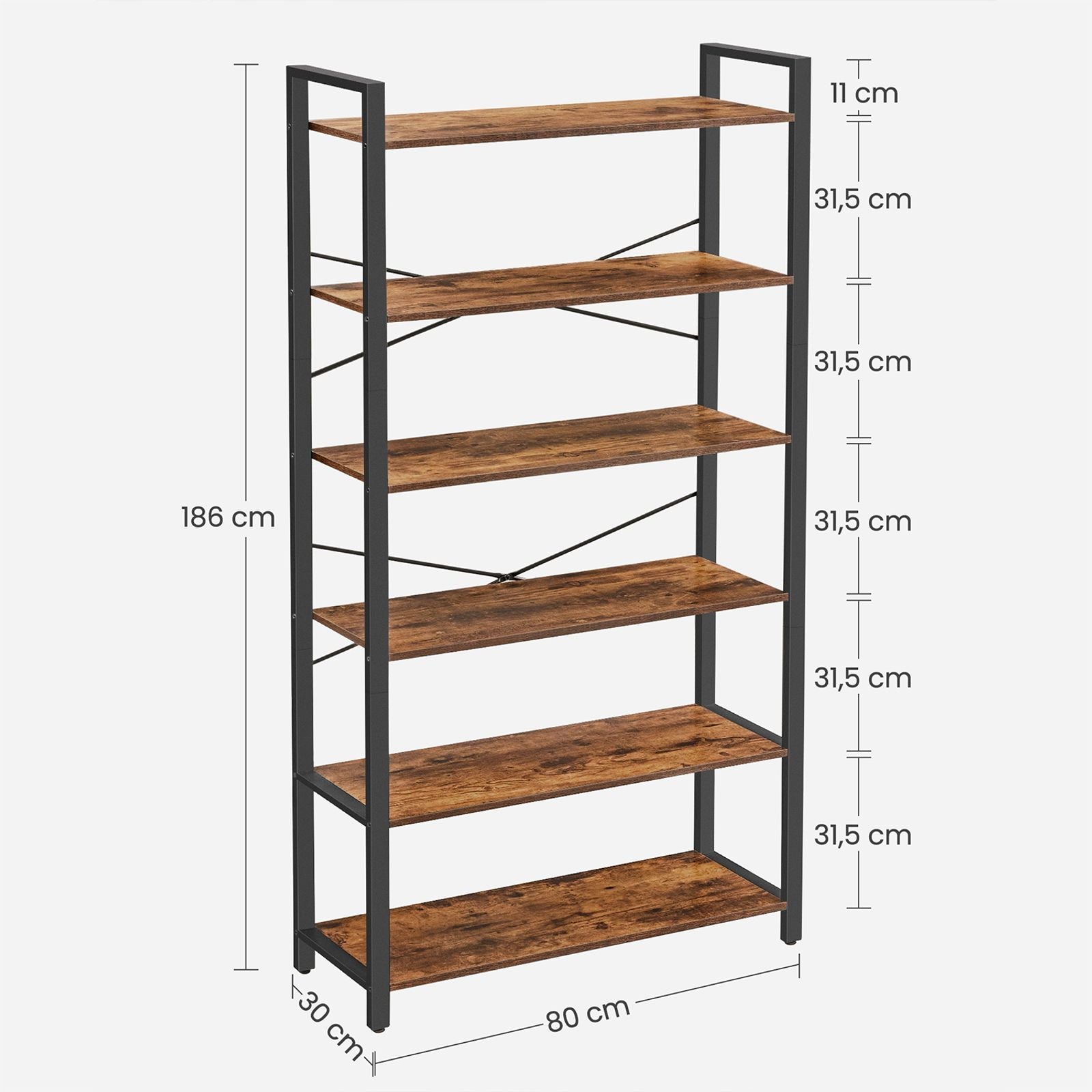 VASAGLE Könyvespolc, 6 Szintes Polc Egység Acél Vázzal, Magas Rusztikus Polcok Nappaliba, Irodába, Tanulóba, Előszobába, Ipari stílusban, 80 x 30 x 186 cm méretben, Rusztikus Barna és Fekete színben,