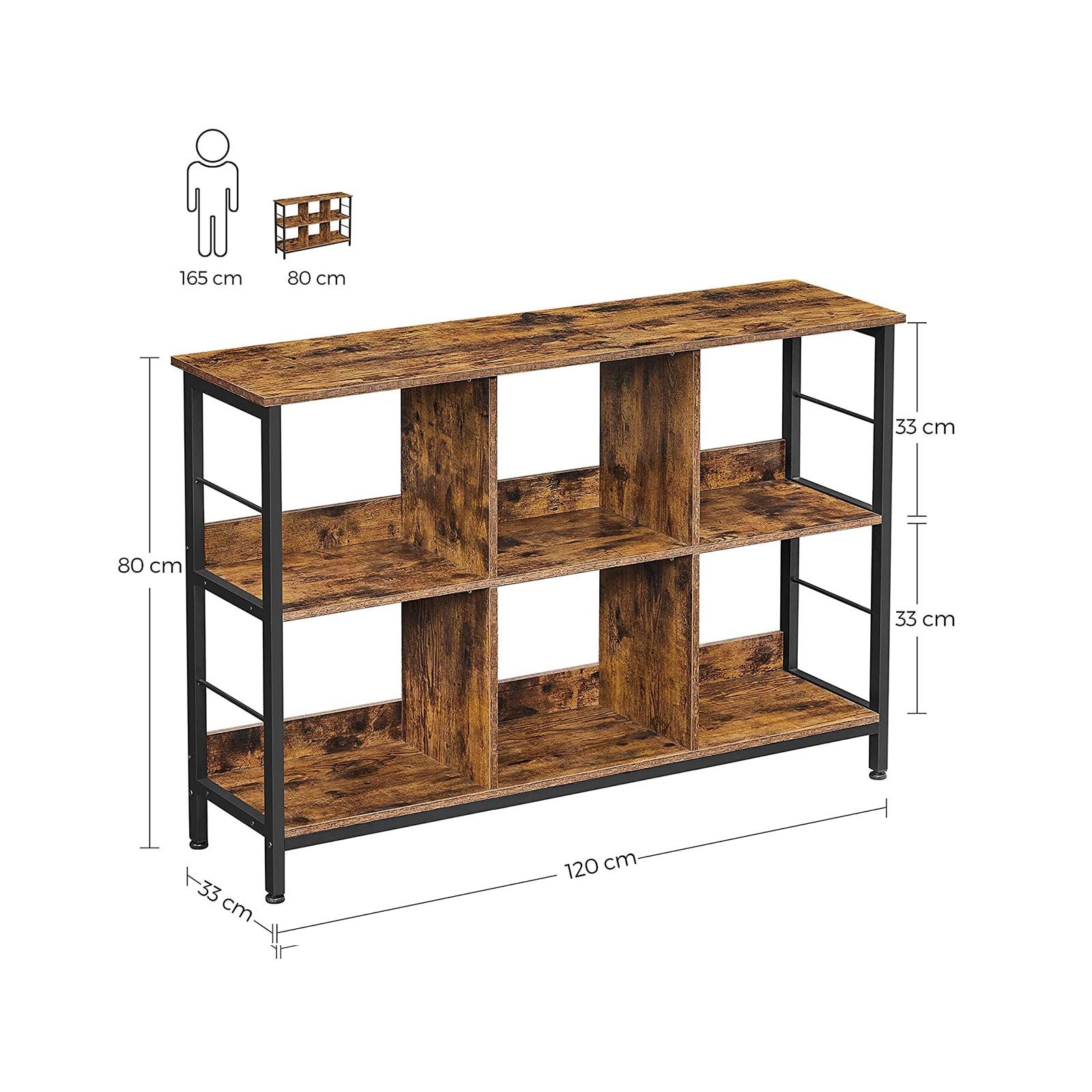 VASAGLE Könyvespolc, Könyvszekrény, Polc Egység, TV Állvány, Konzolasztal, 6 Rekesz, Irodához, Nappaliba, Hálószobába, 33 x 120 x 80 cm méretben, Ipari stílusban, Rusztikus Barna és Fekete színben,