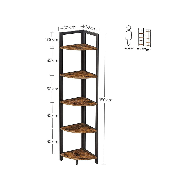 VASAGLE 5 szintes sarokpolc, többcélú tároló polc, növénytartó, 30 x 30 x 150 cm, ipari stílusban, nappalihoz, hálószobához, otthoni irodához, rusztikus barna és fekete