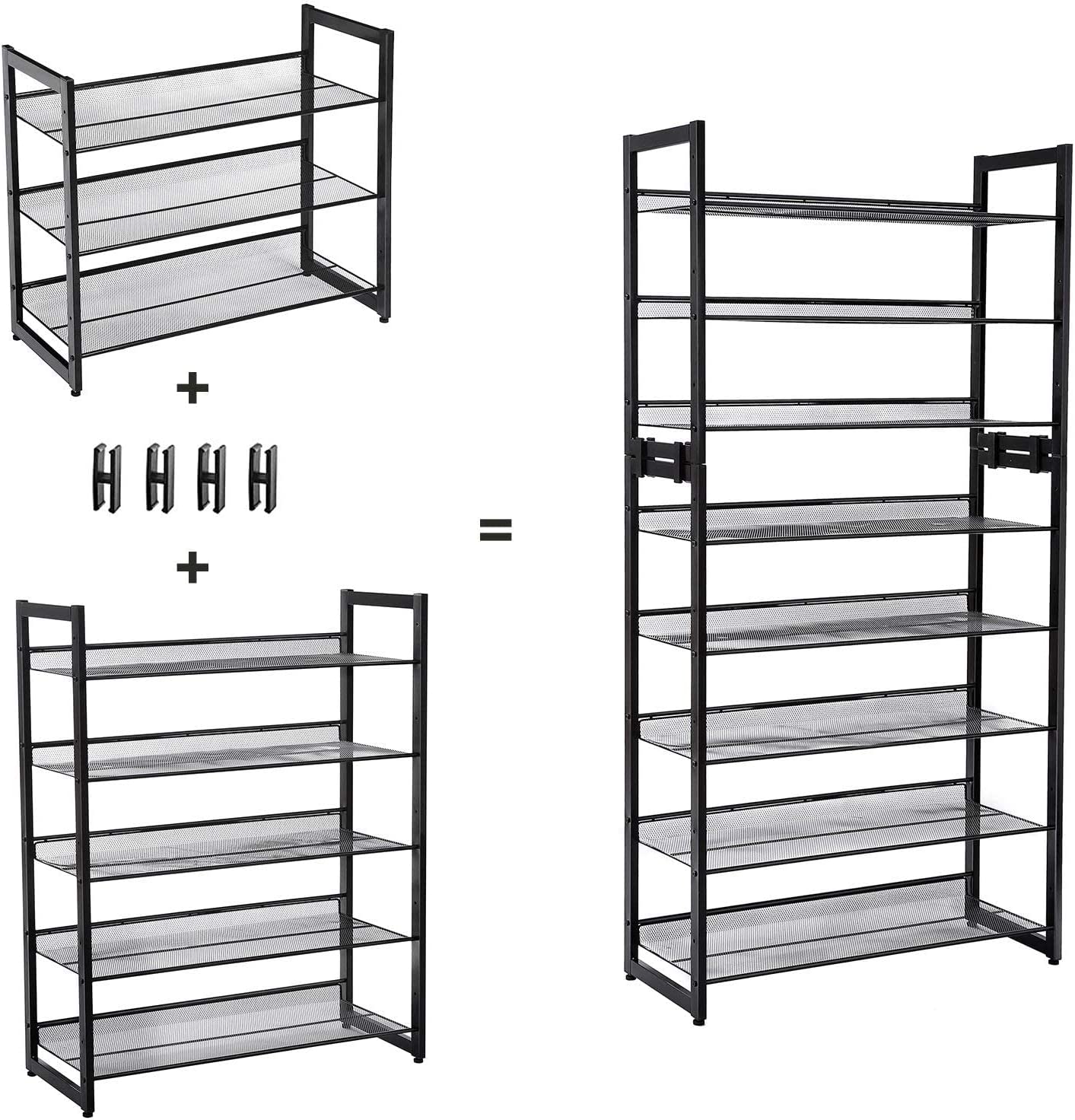 SONGMICS 5 Szintes Fém Hálós Cipőtartó lapos és döntött polcokkal, nagy, egymásra helyezhető és állítható csizma tároló a folyosón vagy a szekrényben, fekete