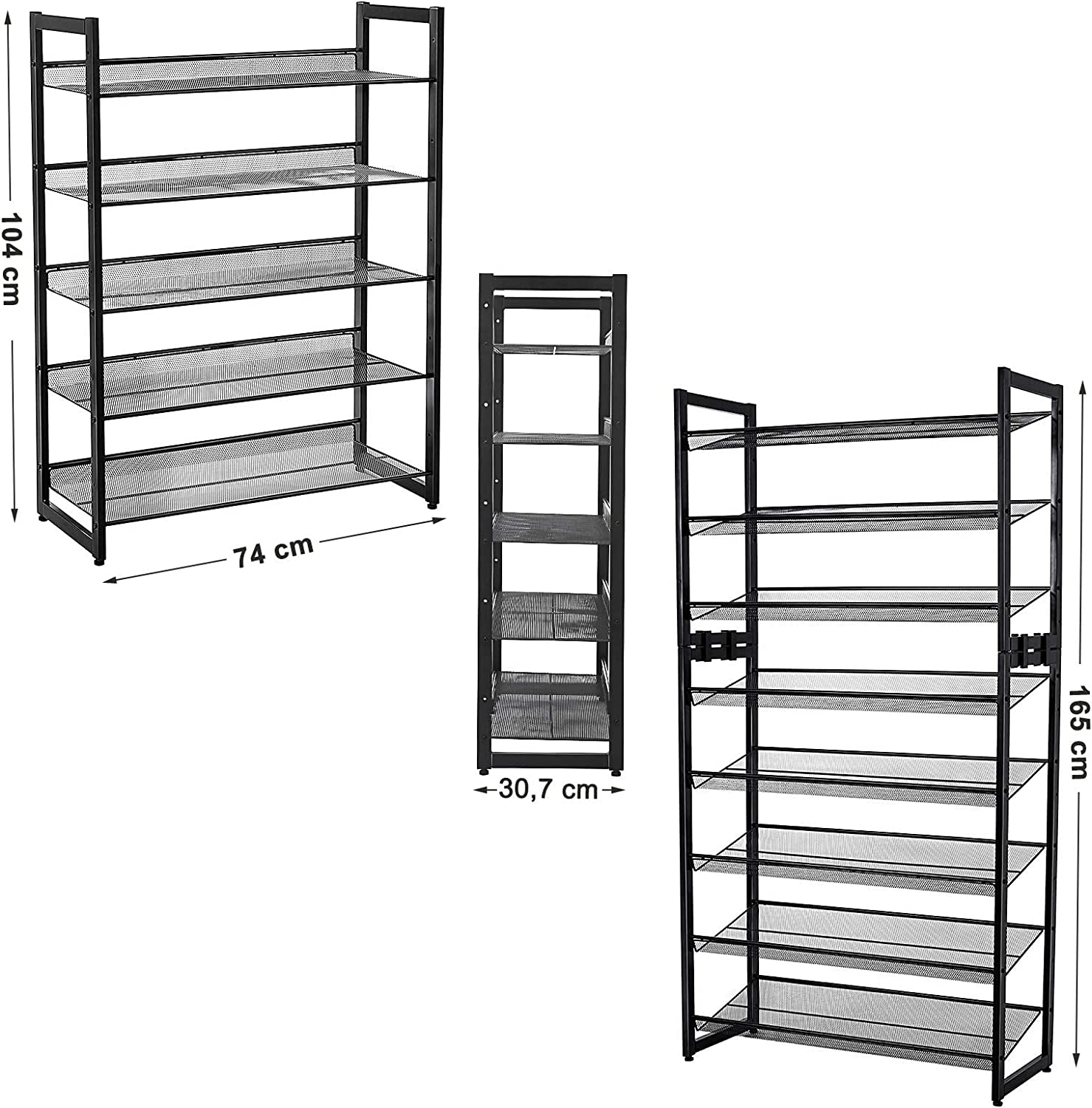 SONGMICS 5 Szintes Fém Hálós Cipőtartó lapos és döntött polcokkal, nagy, egymásra helyezhető és állítható csizma tároló a folyosón vagy a szekrényben, fekete