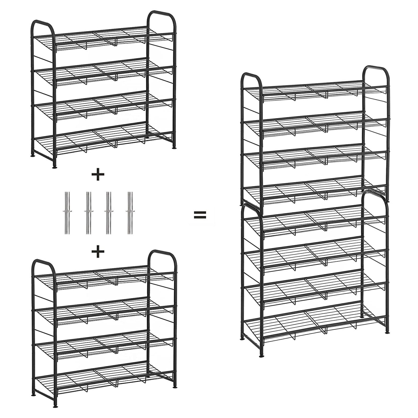 SONGMICS 4 Szintes Cipőtartó, Összecsukható Cipő Szervező, 16 Pár Cipőt Bír, Acél, 68.5 x 27.5 x 65 cm, Magassarkúhoz, Edzőcipőkhöz, Papucsokhoz, Előszobába, Fekete