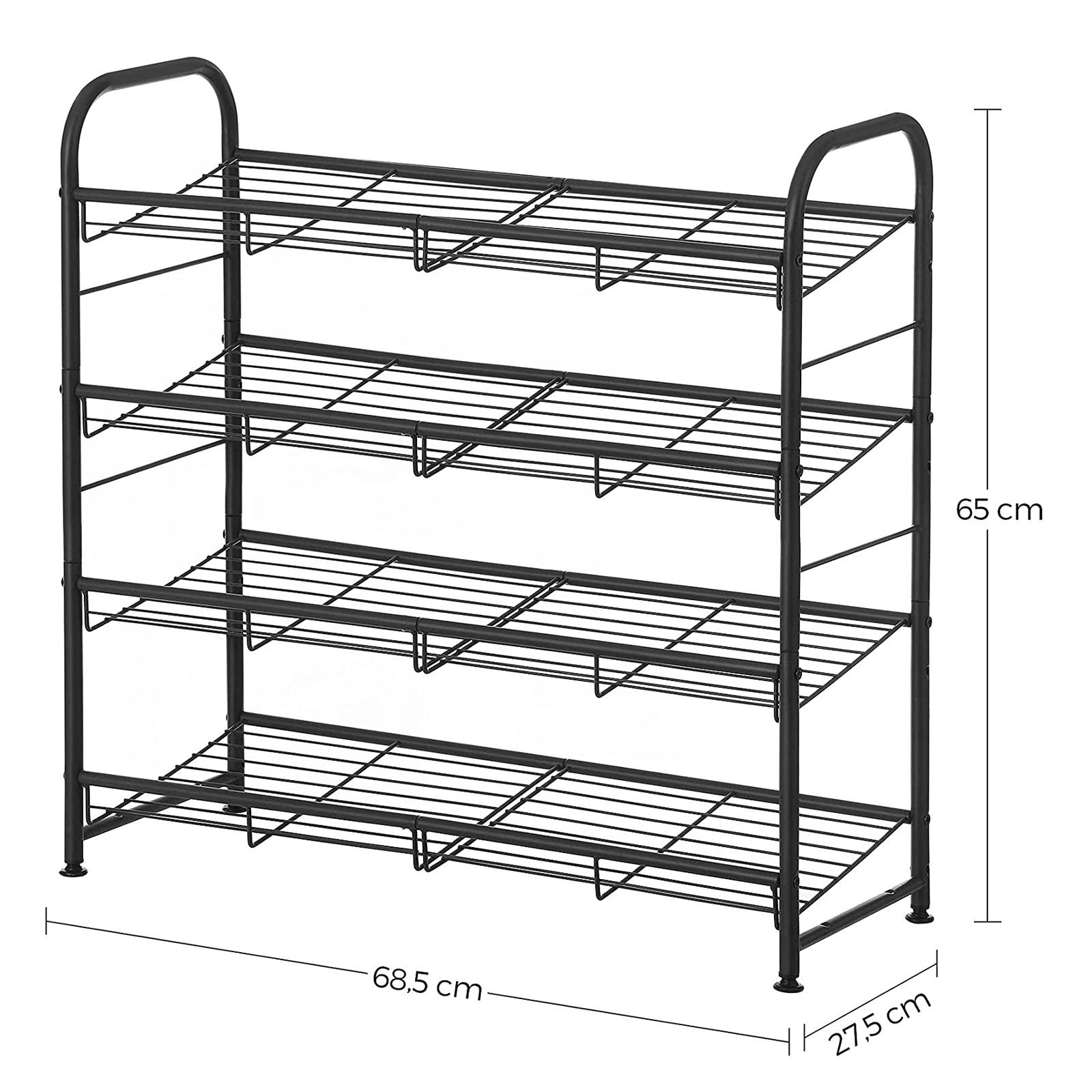 SONGMICS 4 Szintes Cipőtartó, Összecsukható Cipő Szervező, 16 Pár Cipőt Bír, Acél, 68.5 x 27.5 x 65 cm, Magassarkúhoz, Edzőcipőkhöz, Papucsokhoz, Előszobába, Fekete