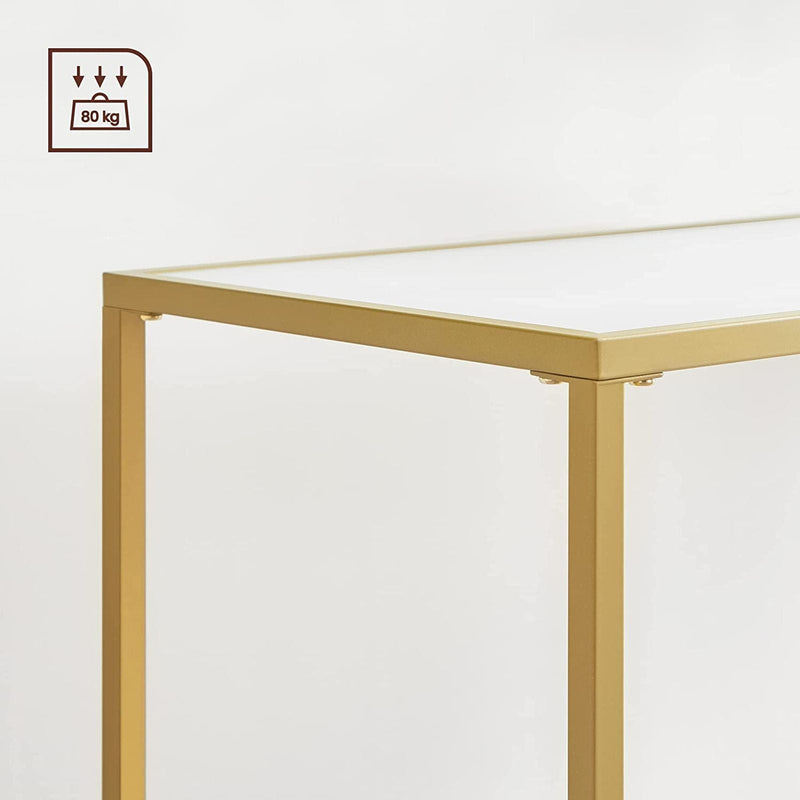 VASAGLE Konzol asztal, Szálkás magas kanapé asztal acél vázzal, Állítható lábak, Nappaliba, Folyosóra, Arany és Fehér