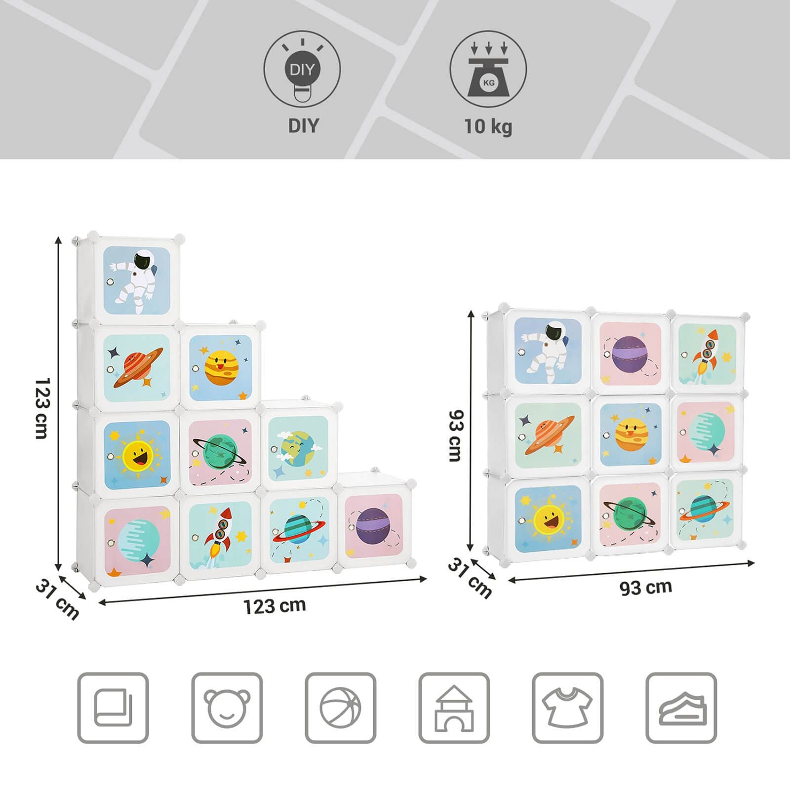 SONGMICS 10 Kockás Gyermek Tároló Egység, Összefűzhető Szervező Szekrény Gyerekeknek, Műanyag Kockás Polcok, Moduláris Ruhatár Ajtókkal Ruhákhoz Cipőkhöz Játékokhoz Táskákhoz, 123 x 31 x 123 cm, Fehér