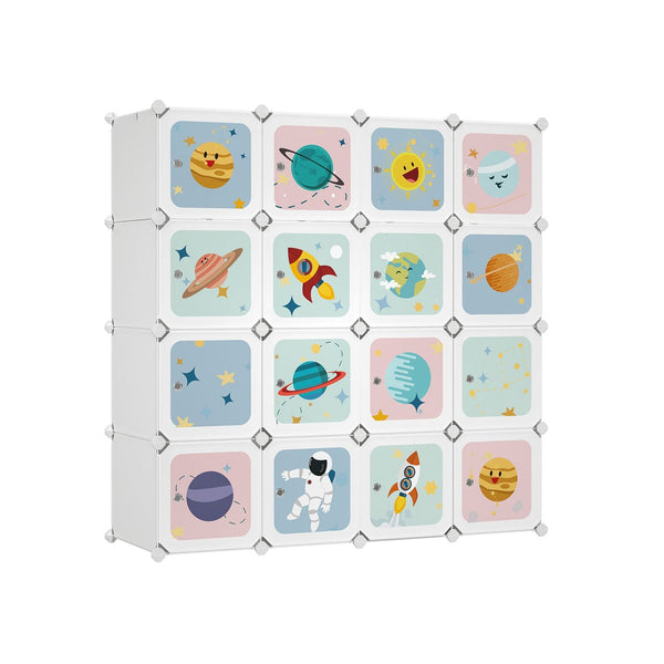 SONGMICS hordozható ruhaszekrény, szekrény akasztós ruhákhoz, moduláris tárolórendszer gyerekeknek 16 tárolóval, 4 akasztósín, 123 x 41 x 123 cm, fehér