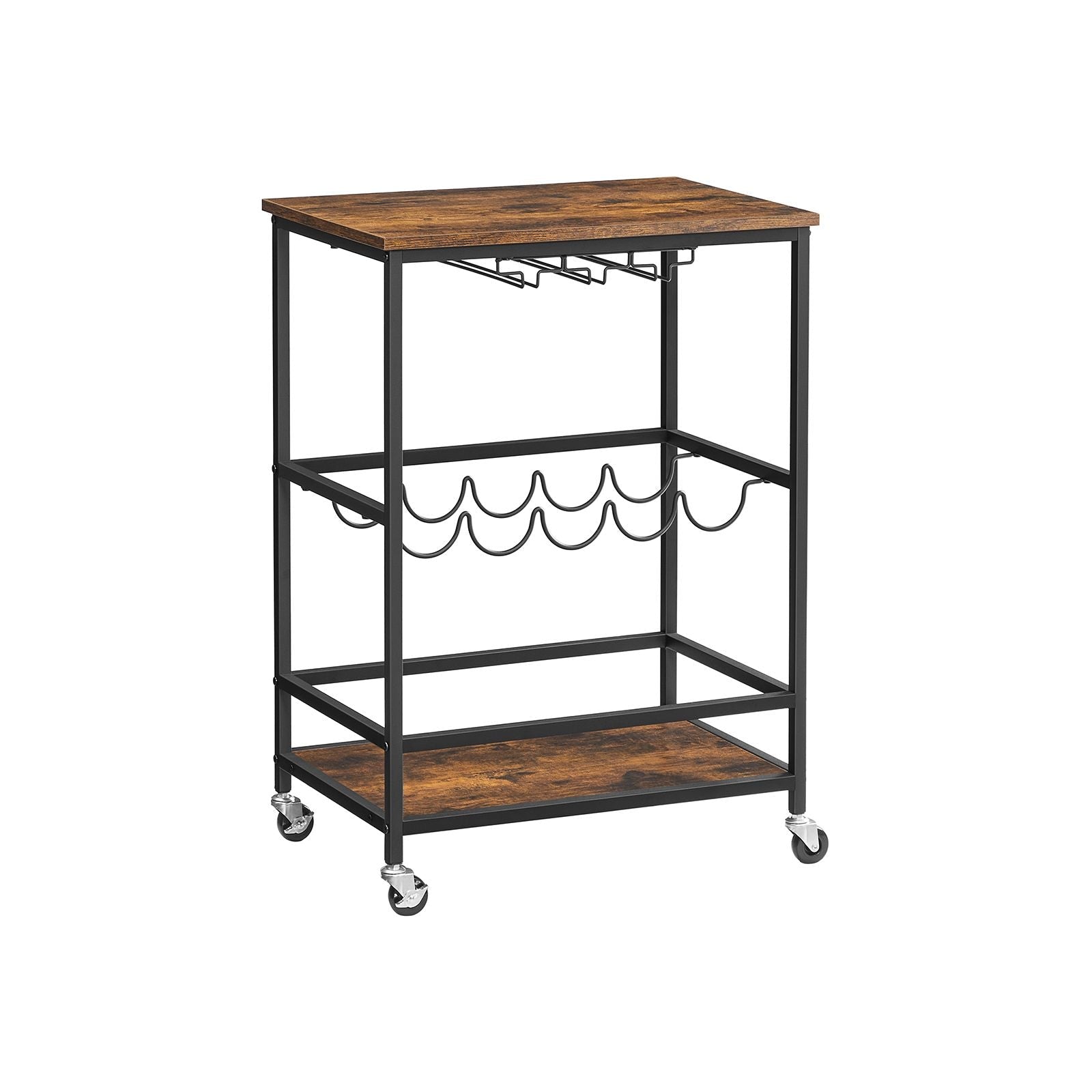 VASAGLE  Konyhai Szekrény Görgőkkel Polcokkal Üveg- és Pohártartókkal 60 x 40 x 75 cm Ipari Design Vintage Barna/Fekete