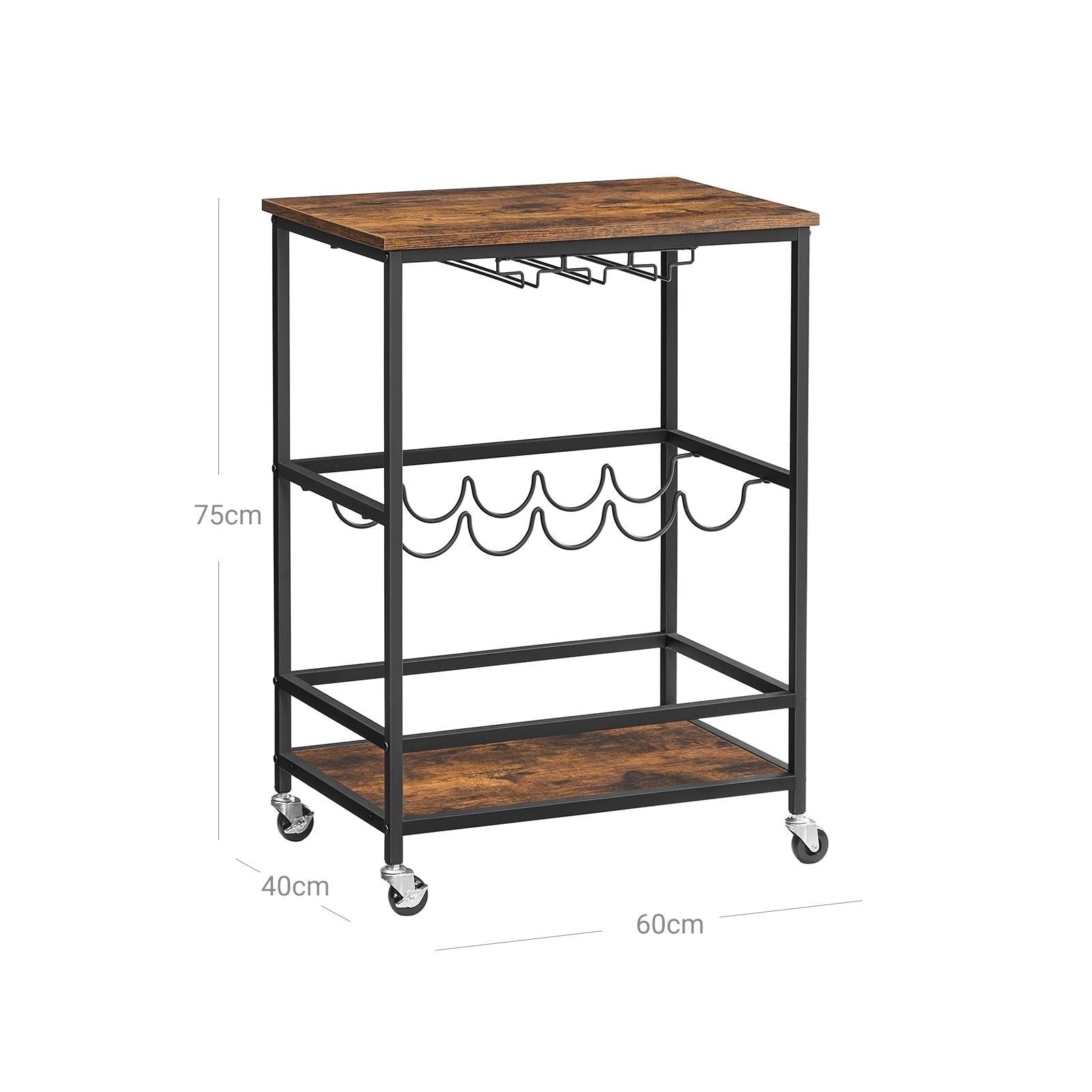 VASAGLE  Konyhai Szekrény Görgőkkel Polcokkal Üveg- és Pohártartókkal 60 x 40 x 75 cm Ipari Design Vintage Barna/Fekete
