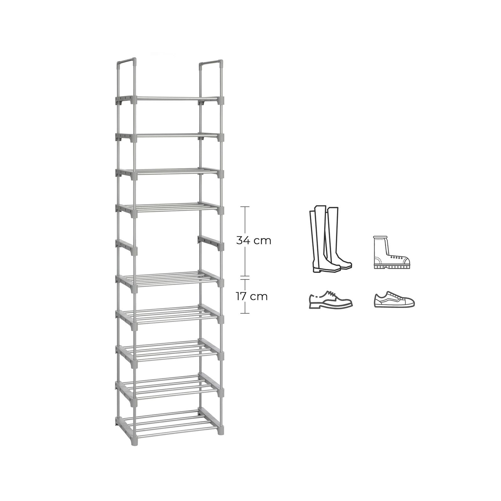 SONGMICS Cipőtartó, 10 szintes fém cipőtároló szervező, testreszabható tervezés, fém váz, helytakarékos állvány, Öltözőbe, Előszobába, 30 x 45 x 174 cm méretben, Szürke színben,