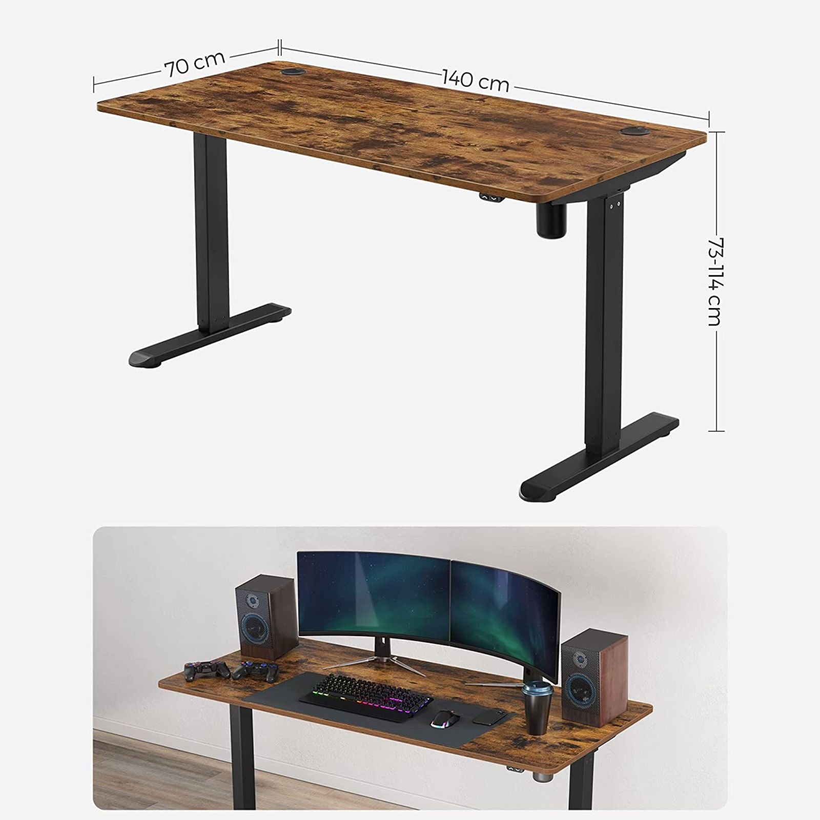 SONGMICS  Elektromos íróasztal, Folyamatos magasságállítással, 140 x 70 x 73-114 cm, Acél, Vintage barna/fekete