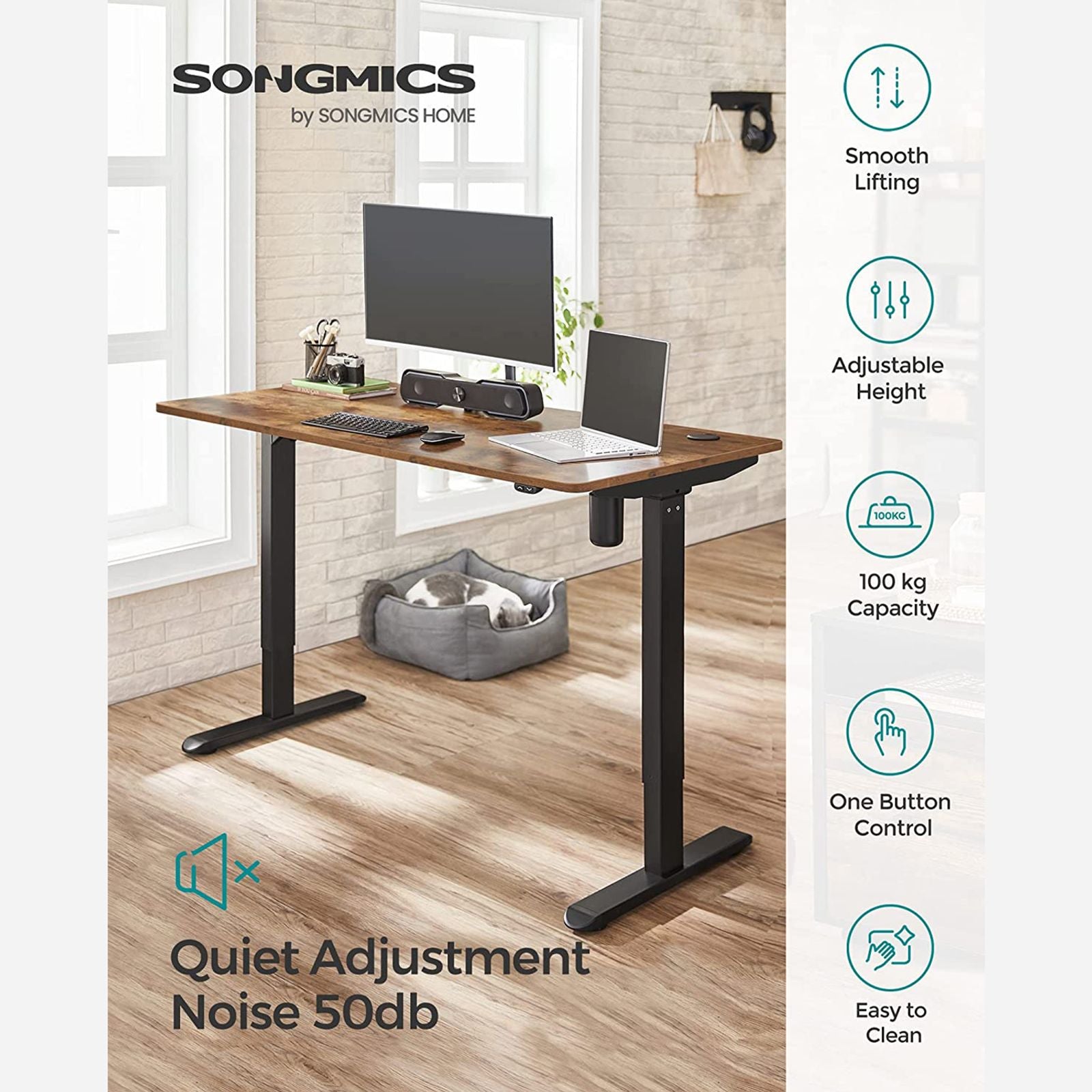 SONGMICS  Elektromos íróasztal, Folyamatos magasságállítással, 140 x 70 x 73-114 cm, Acél, Vintage barna/fekete