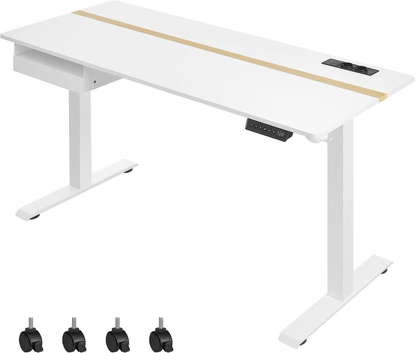 VASAGLE Elektromos Magasságállítható Asztal Csatlakozóval és Fiókkal, 60 x 140 cm, Asztallap Folyamatosan Állítható Memória Funkcióval 4 Magasságban Fehér