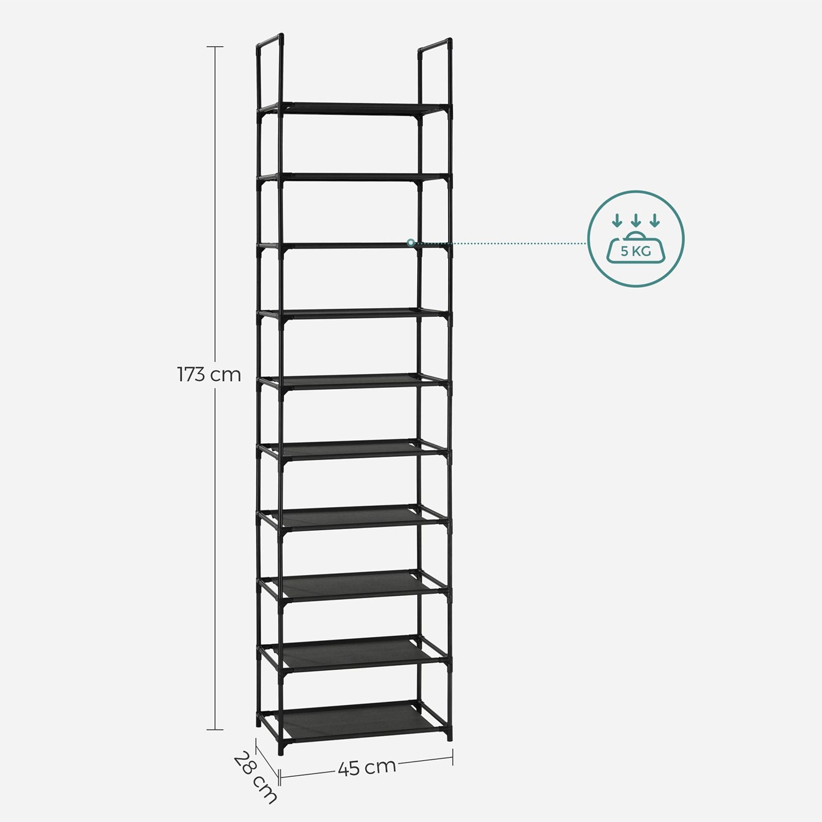 SONGMICS 10 szintes cipőtartó, cipőállvány, helytakarékos cipőtárolás, 45 x 28 x 173 cm, fém váz, szövet polcok, előszoba, hálószoba, Fekete