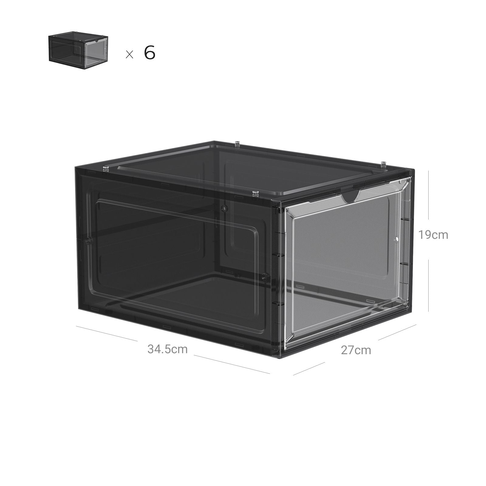 SONGMICS Cipősdobozok, Műanyag cipőtároló szervezők átlátszó ajtókkal, 6 darab készlet, Halmozható, Könnyű összeszerelés, 27 x 34,5 x 19 cm méretben, 44-es méretig, Fekete színben,