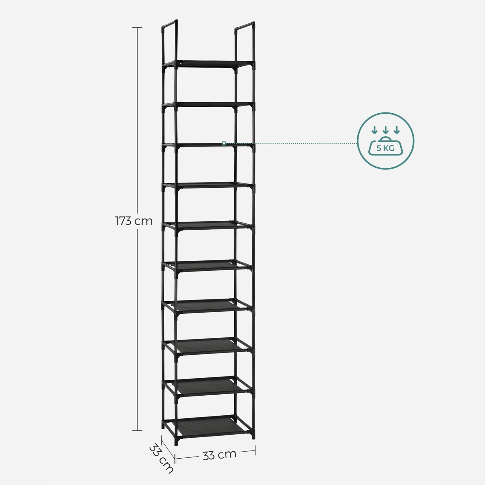 SONGMICS 10 szintes cipőtartó, cipőállvány, helytakarékos cipőtárolás, 33 x 33 x 173 cm, fém váz, szövet polcok, előszoba, hálószoba, Fekete