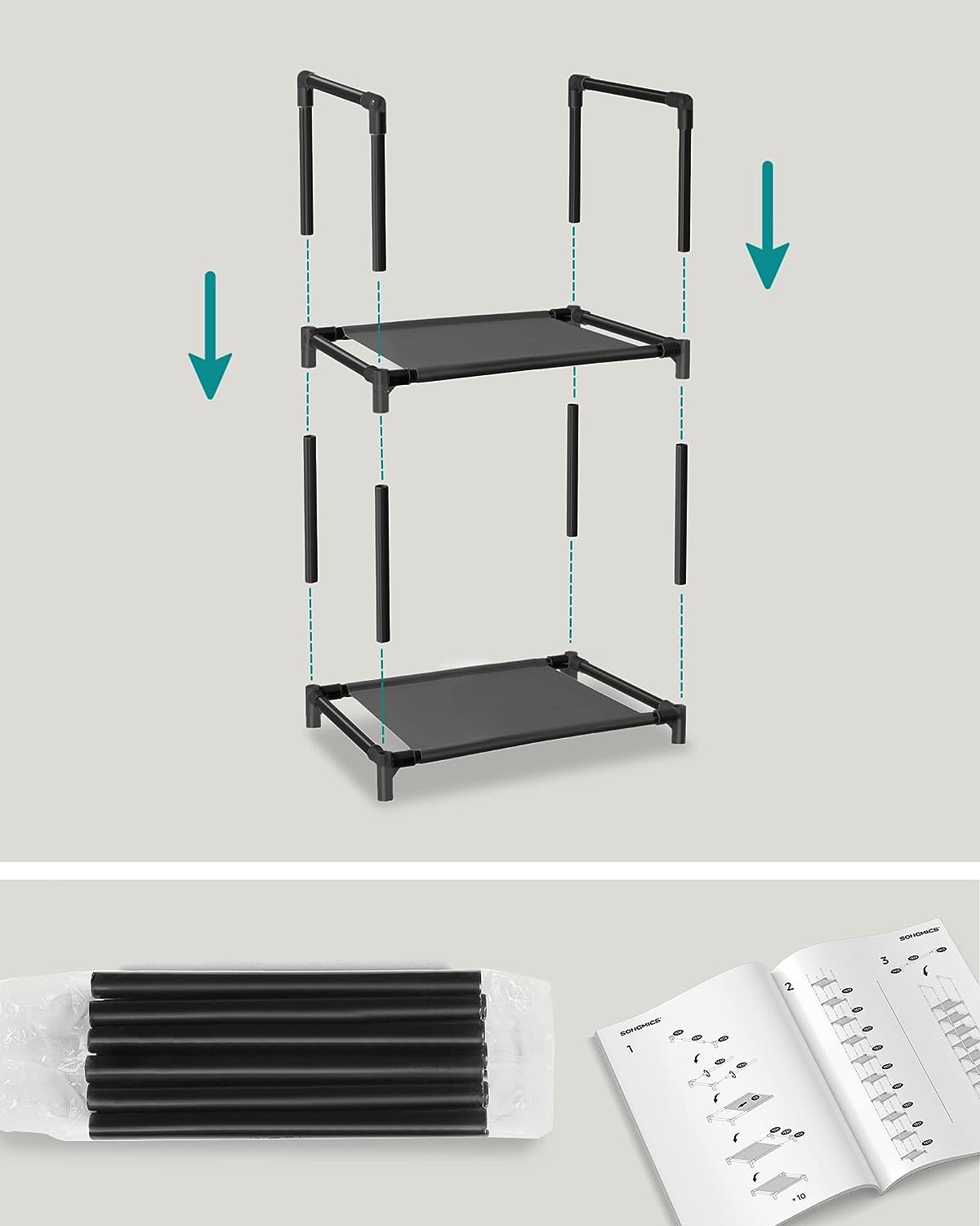 SONGMICS 10 szintes cipőtartó, cipőállvány, helytakarékos cipőtárolás, 33 x 33 x 173 cm, fém váz, szövet polcok, előszoba, hálószoba, Fekete