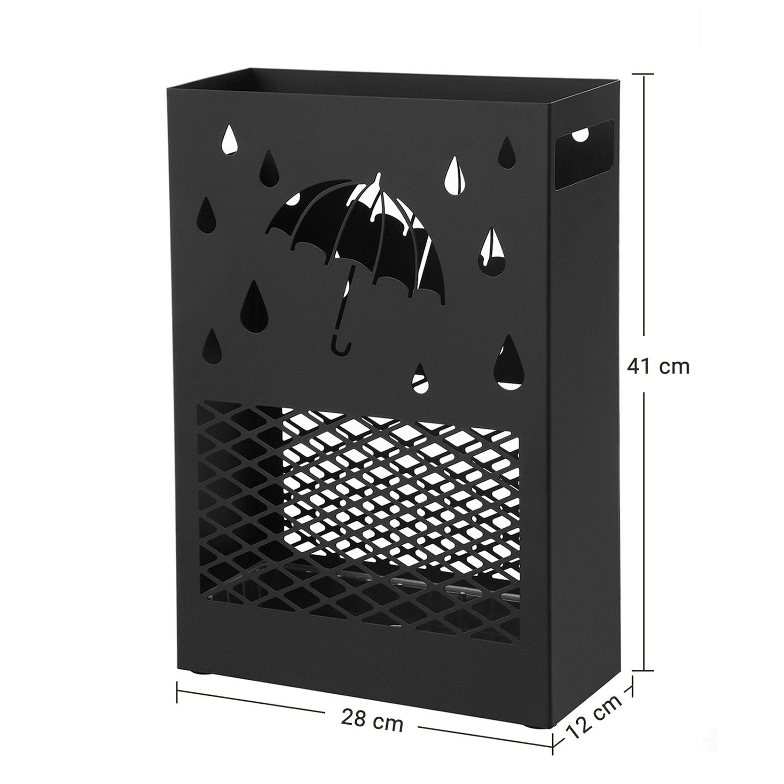 SONGMICS Esernyőtartó Fém, Téglalap alakú esernyőtartó, Levehető csepegő Tálcával, 4 Akasszal, Kivágott Designnal, Előszobába és Irodába, Fekete színben,