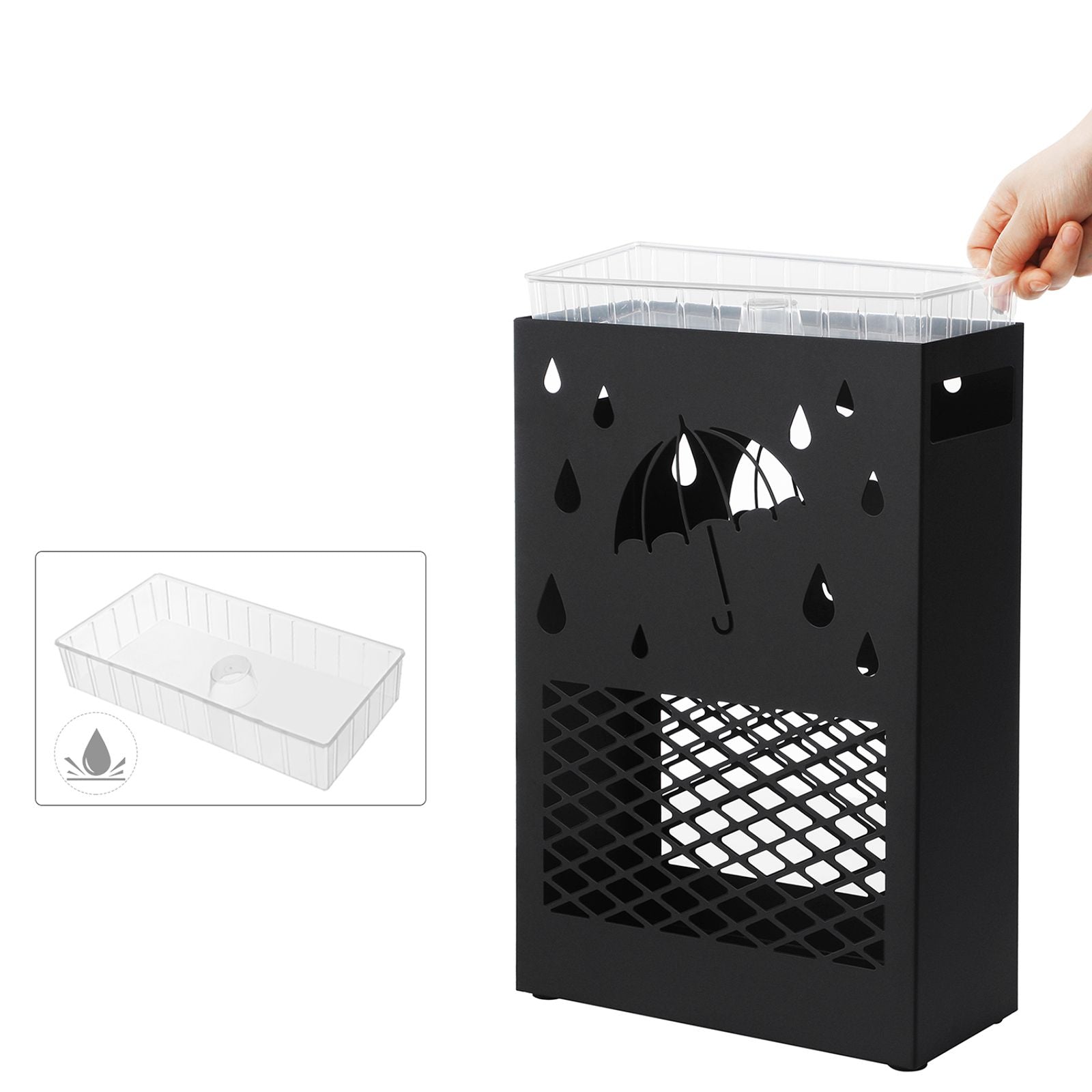 SONGMICS Esernyőtartó Fém, Téglalap alakú esernyőtartó, Levehető csepegő Tálcával, 4 Akasszal, Kivágott Designnal, Előszobába és Irodába, Fekete színben,