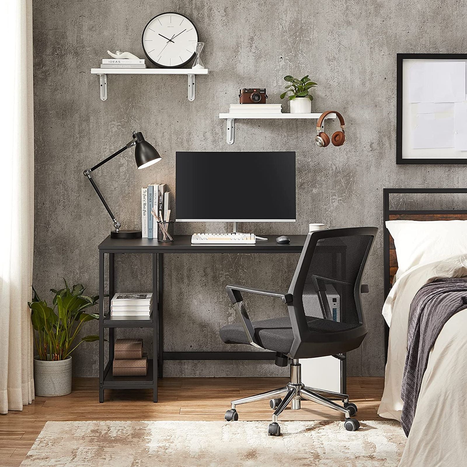 VASAGLE  Számítógépasztal PC Asztal Irodai Asztal 2 Polccal Jobb vagy Bal Oldalon, Otthoni Iroda Nappalihoz Acél Keret Ipari Design Fekete