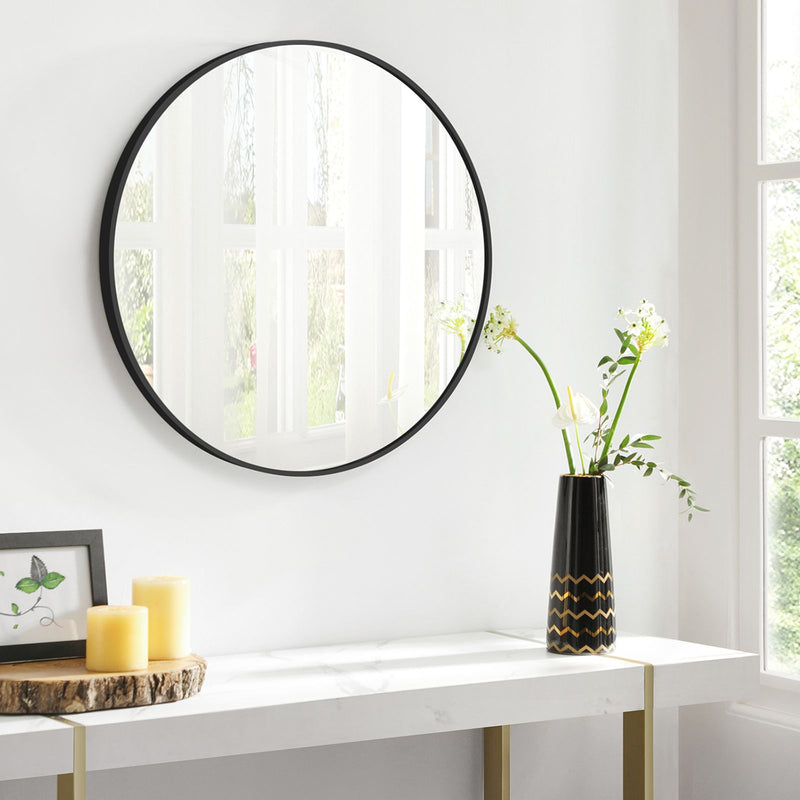 SONGMICS  Kerek fali tükör fürdőszobai tükör 61 cm átmérőjű fémkeret nappalihoz hálószoba fürdőszoba előszoba fekete