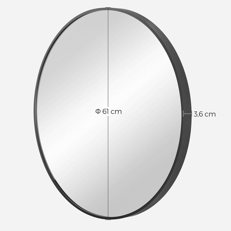 SONGMICS  Kerek fali tükör fürdőszobai tükör 61 cm átmérőjű fémkeret nappalihoz hálószoba fürdőszoba előszoba fekete