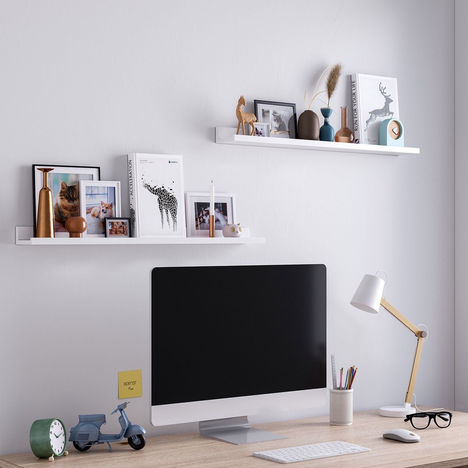 SONGMICS Lebegő Polc Szett 2 db, Falipolc Lépcső Magasfényű Kivitelben, 80 x 10 cm, Képkeretekhez és Könyvekhez, Nappali, Folyosó, Hálószoba, Fürdőszoba, Konyha, Iroda, Fehér Színben