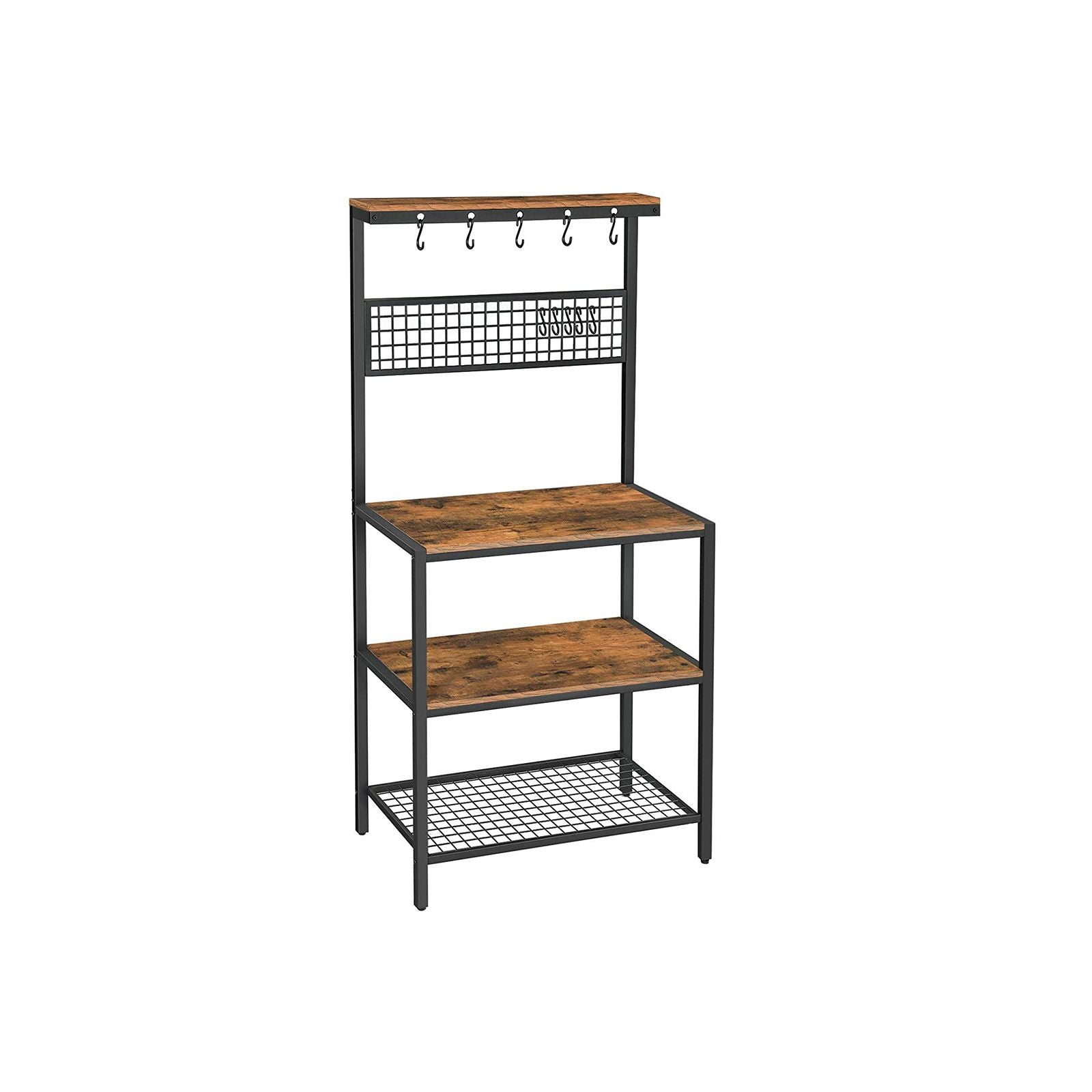 VASAGLE Ipari Konyhai Pékség Polc, Konyhai Egység Tároló Polcokkal, 10 Akasszal és Fém Háló Polccal, Mikrohullámú Sütő Edények Polca, 84 x 40 x 170 cm, Rústikus Barna