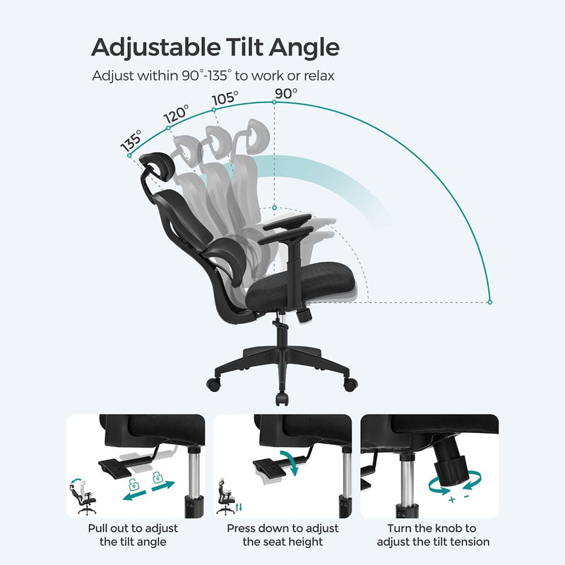 SONGMICS  irodai szék, asztali szék, ergonomikus forgószék, hálós burkolat, 4 fokozatban állítható háttámla, maximális terhelés 150 kg, fekete