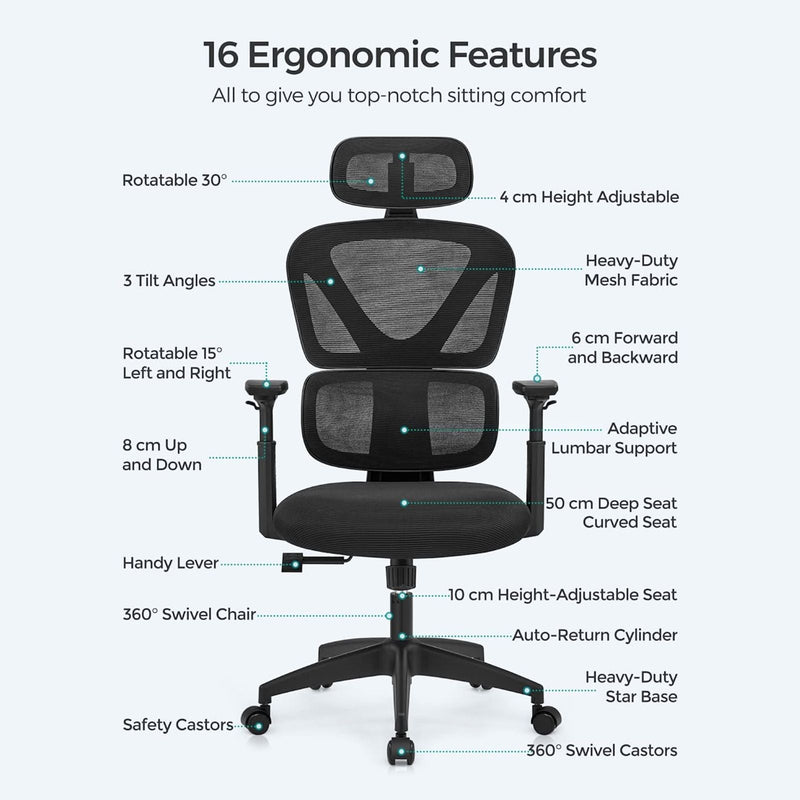 SONGMICS  irodai szék, asztali szék, ergonomikus forgószék, hálós burkolat, 4 fokozatban állítható háttámla, maximális terhelés 150 kg, fekete